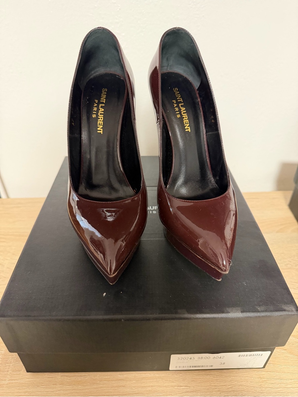 Saint Laurent Women’s Patent Leather Pointed Toe Pumps in Burgundy